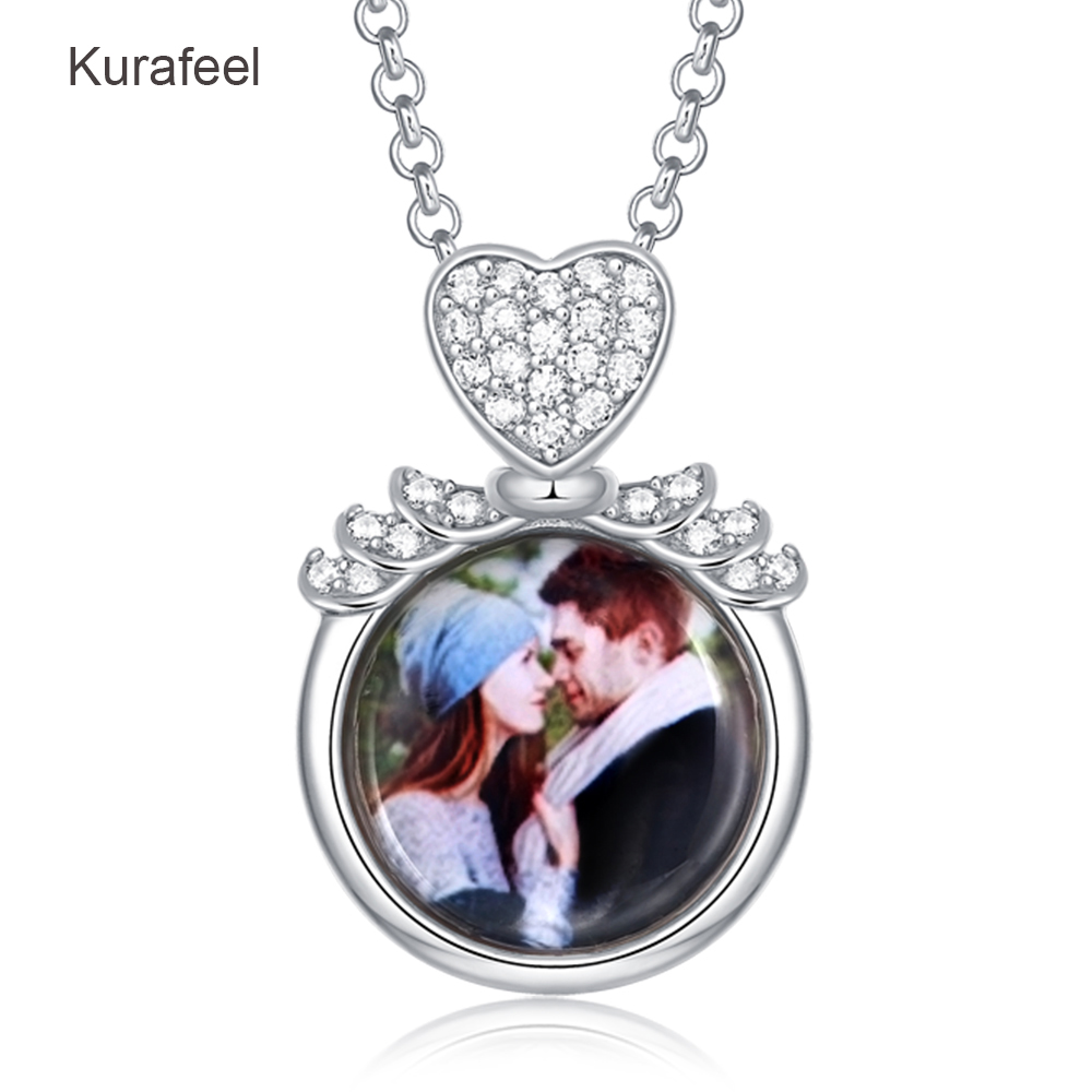 Heart Shape Round Lettering Photo Necklace Zircon 925 Sterling Silver Necklace